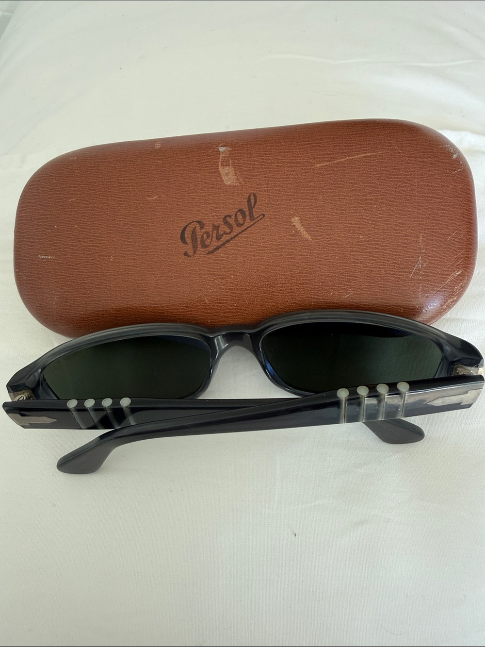 Persol Dark Grey Rectangular Sunglasses with Dark Green Lenses and Brown Case View 3